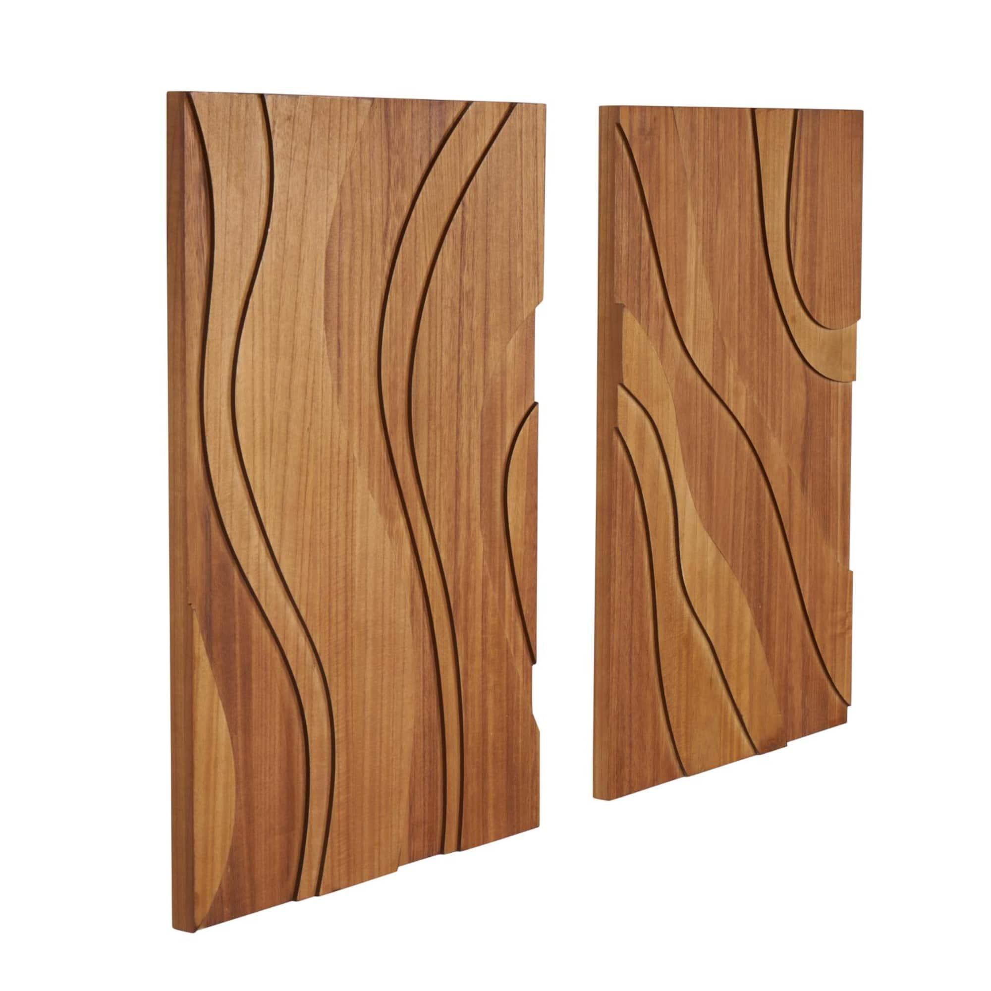Brown Wooden Abstract Wavy Carved Wall Décor Set